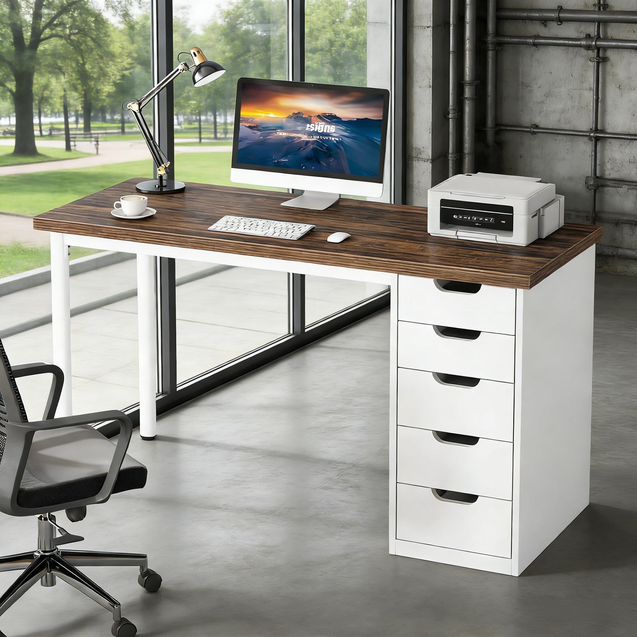 Computer Desk With 5 Drawers, Modern Study Table Writing Desk_voghion.com